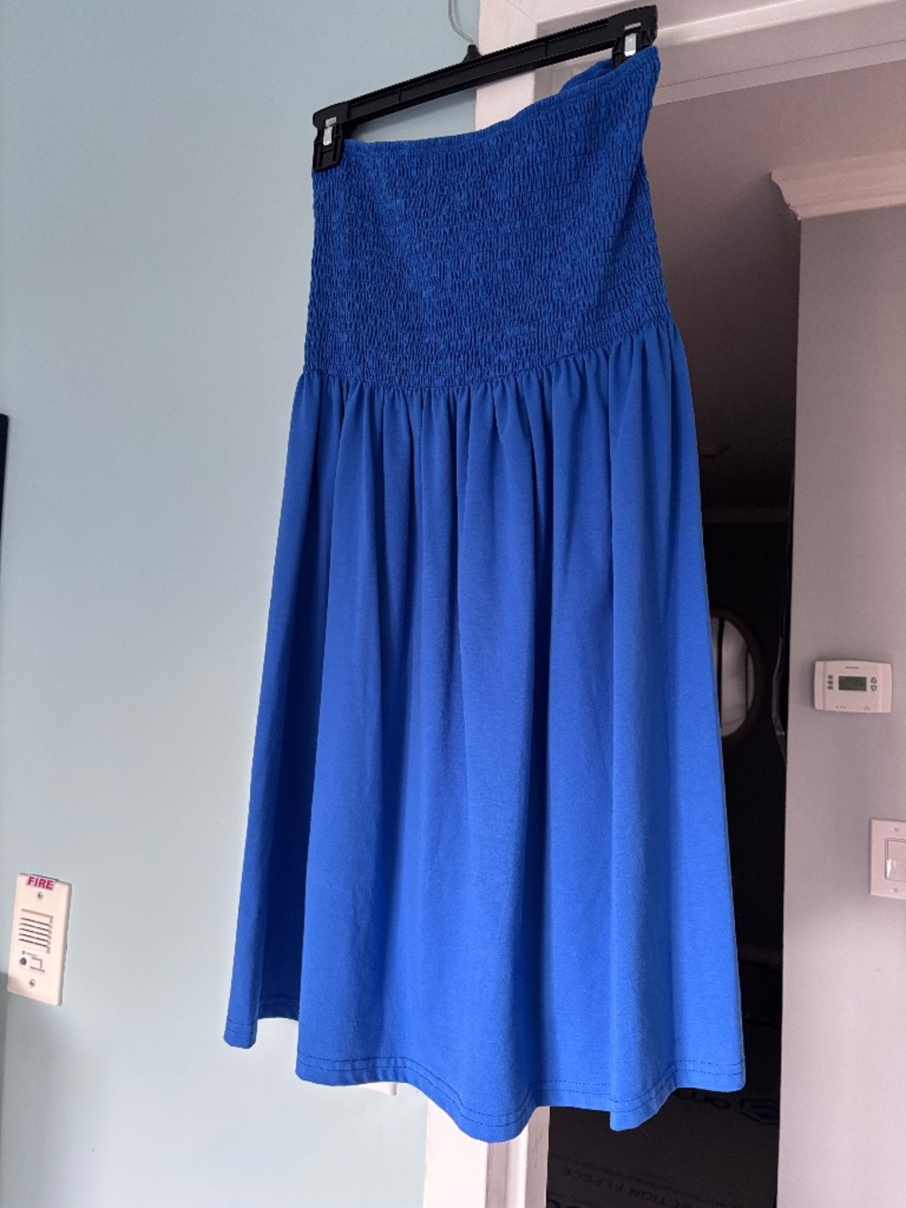Strapless shirred blue summer dress